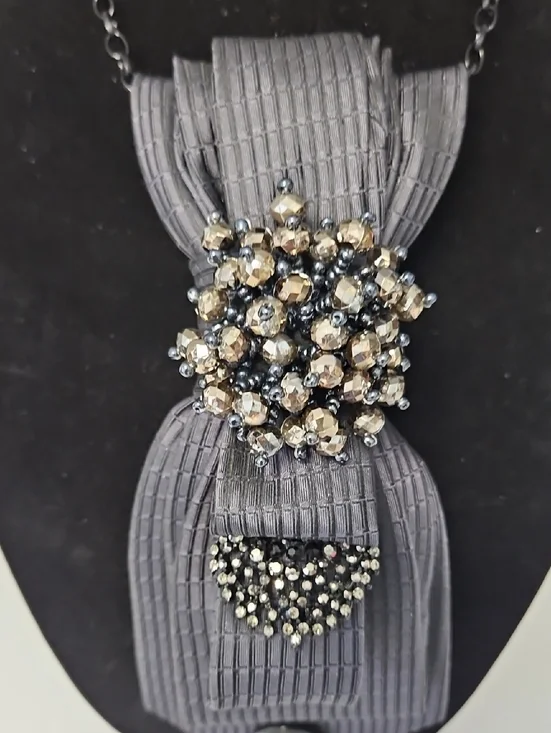 Statement Necktie Necklace Gray with Crystal Bow Pendant - Picture 3 of 5